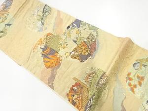 リサイクル　丸紋に十二単・時代人物風景模様織出し袋帯